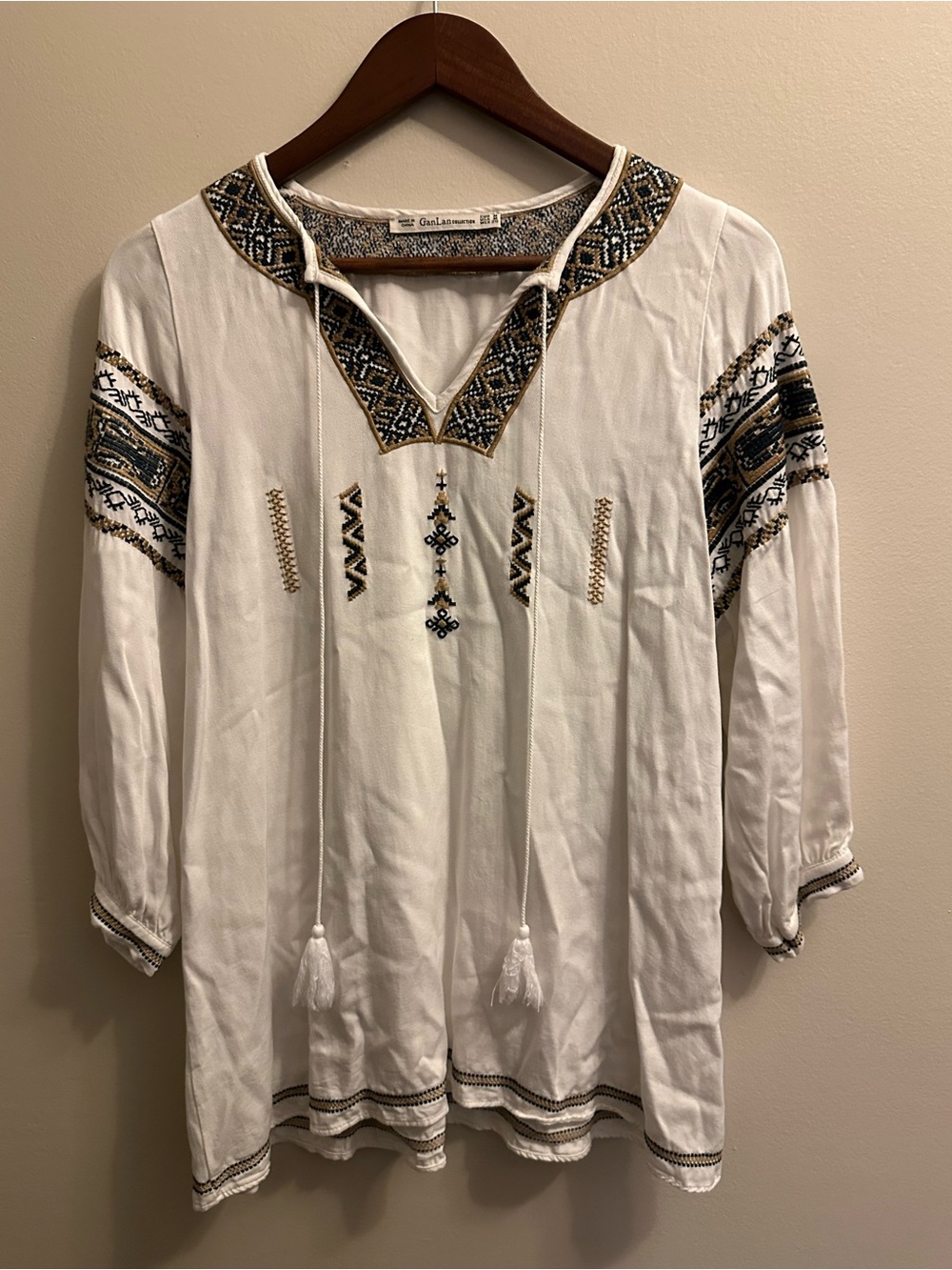 White Embroidered Peasant Blouse with Tassel Tie